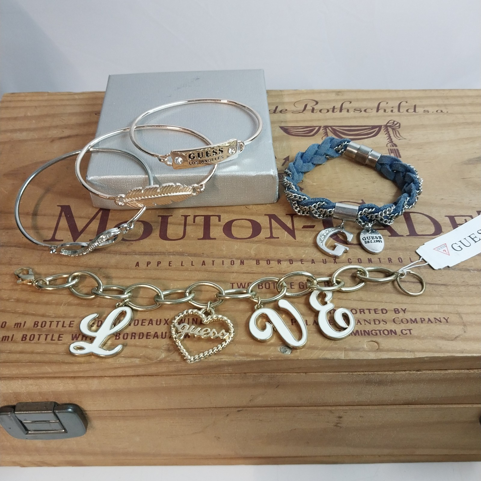 Guess Gold Tone Charm Chain Bracelet LOVE & Bangles Silver Rose Gold 5 IN ALL