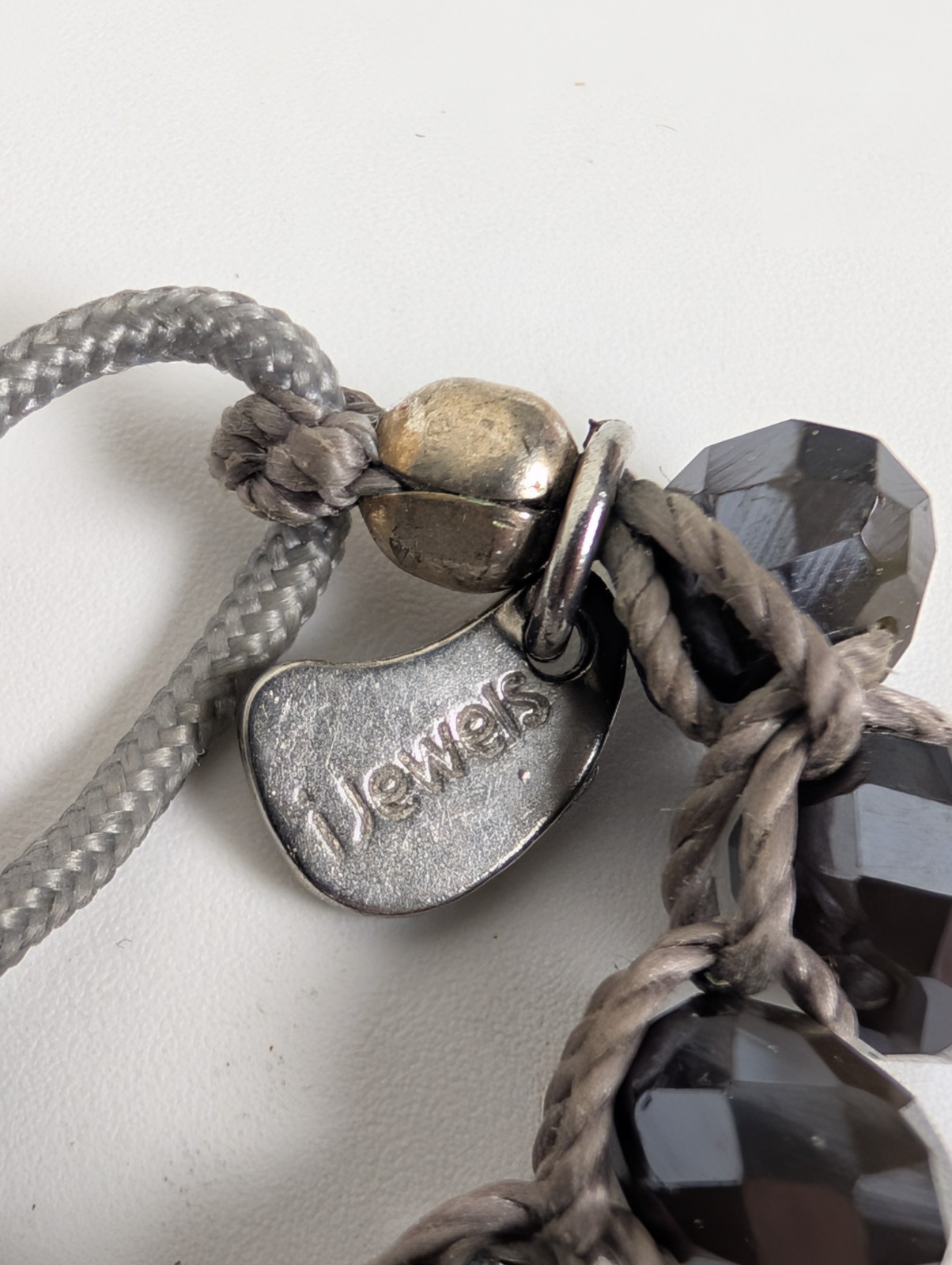 Chanel Button Logo Beaded Cord Bracelet Hematite Tone Gray IJewels Charm