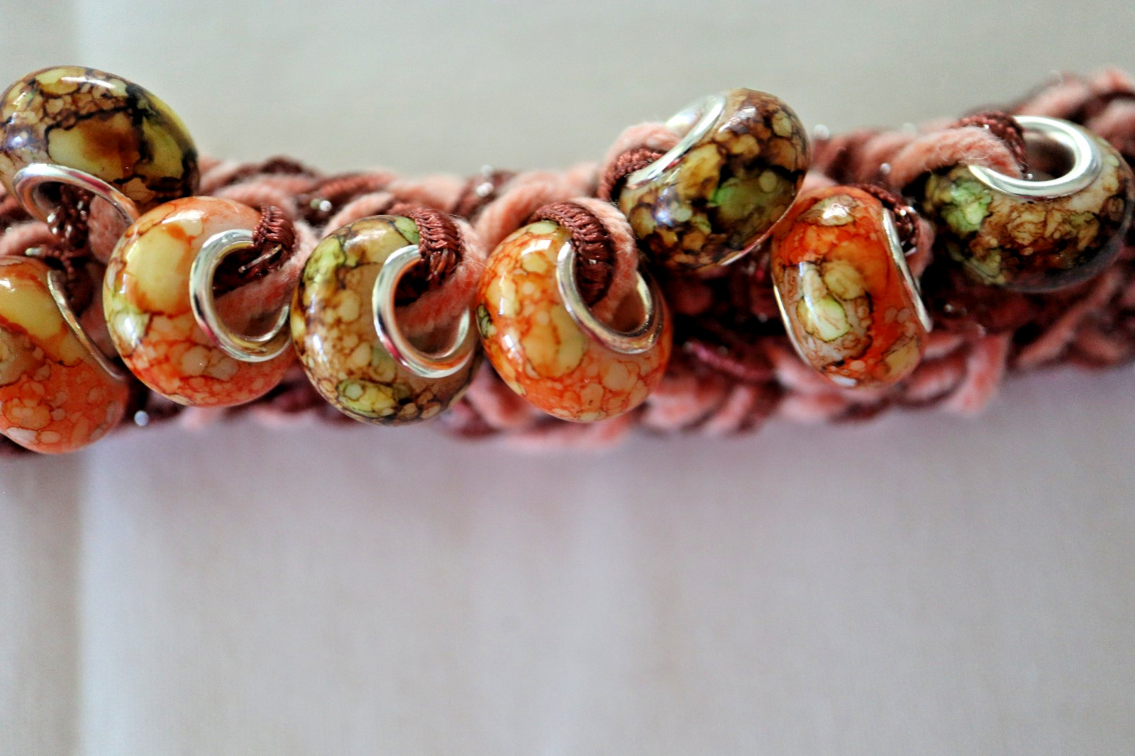 BRACELET HAND KNIT & BEADED W/ WATERCOLOR W/SILVER BRASS CORES BROWN ADJUSTABLE