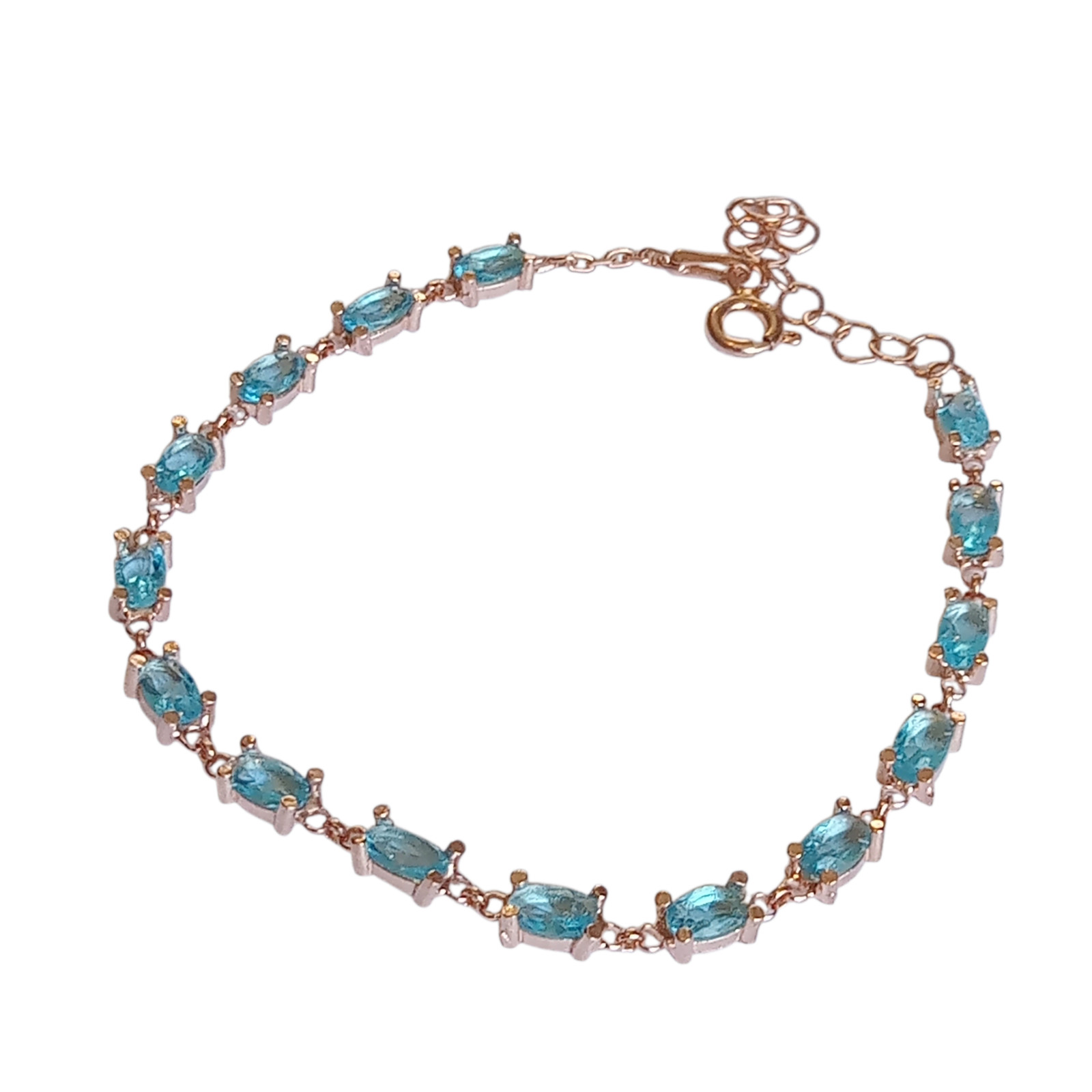Rose Gold 925 Sterling Silver Turkish Handmade Oval Aquamarine Bracelet