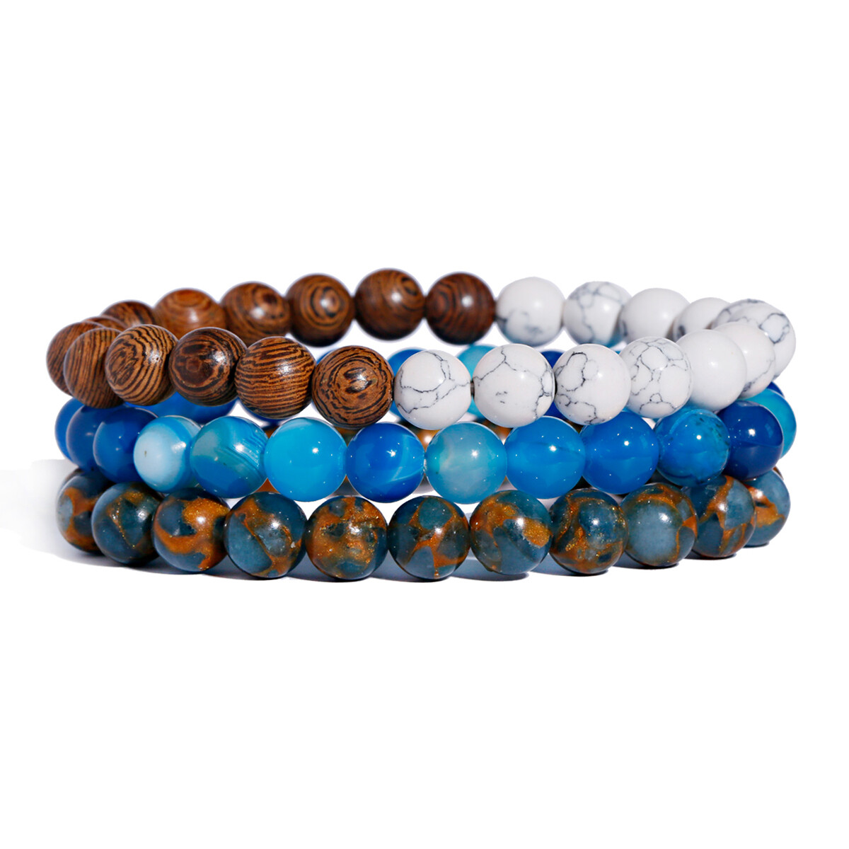 3PCS Men Women Natural Gemstone Handmade Wood 8mm Round Beads Stretch Bracelets