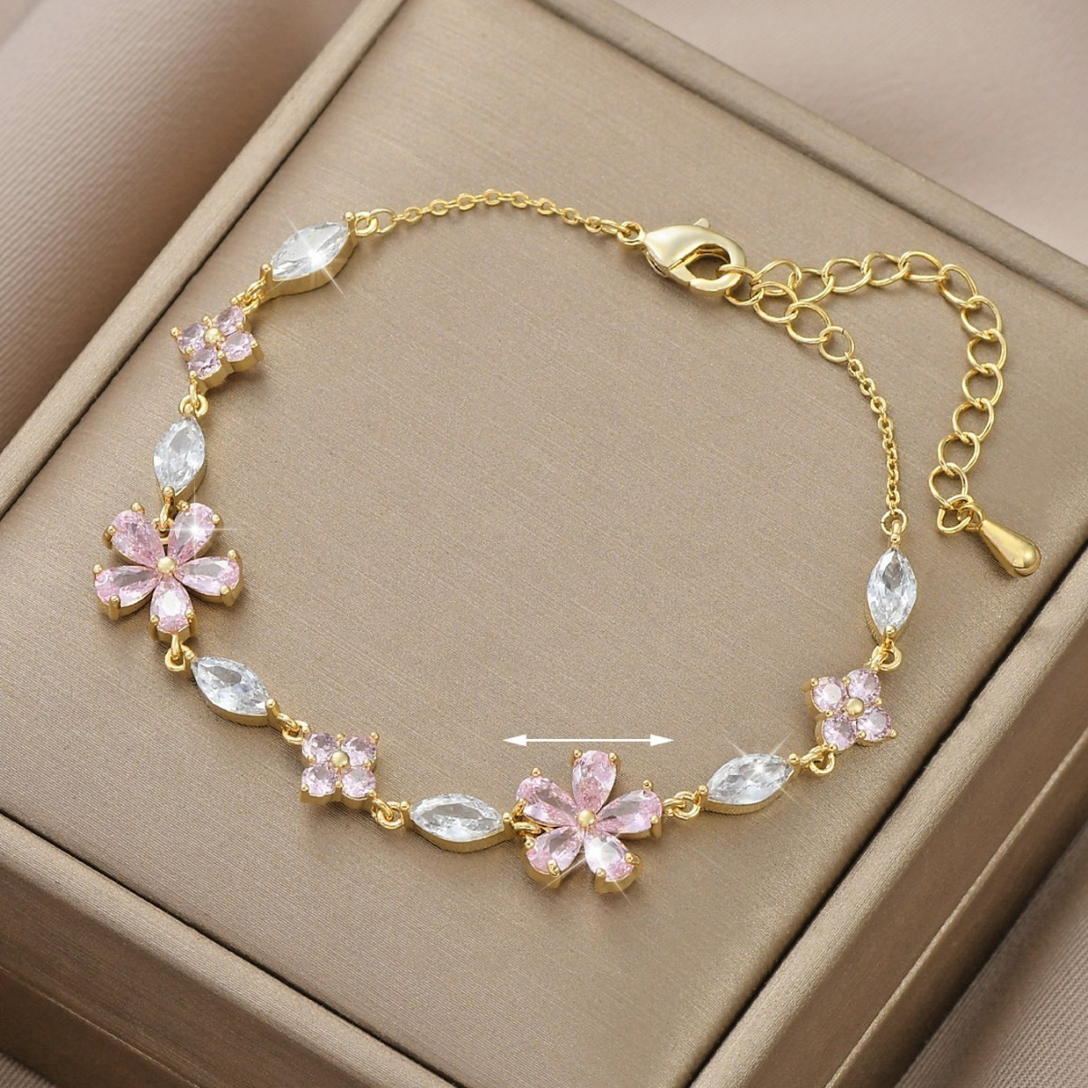 Lady’s Golden-Gold Plated Pink Cherry Zirconia Bracelet – Adjustable – Gift