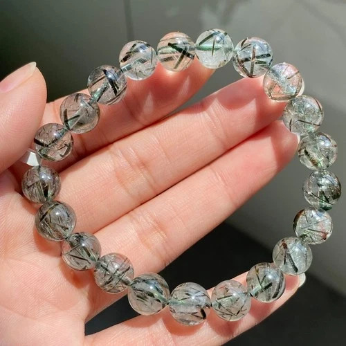 9mm Natural Green Tourmaline Rutilated Quartz Crystal Beads Bracelet 016
