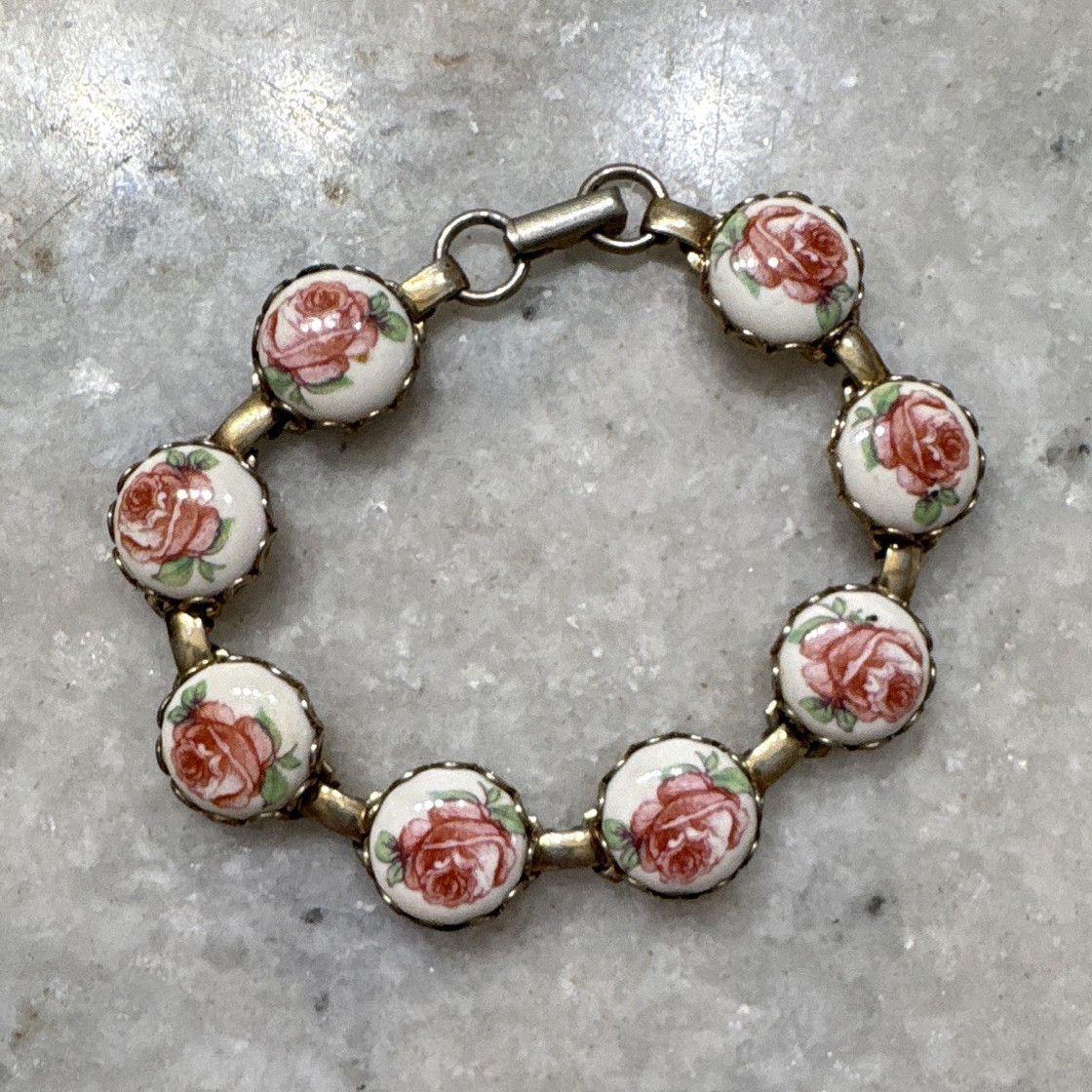 Porcelain Rose Floral Link Charm Bracelet, Toggle Closure, Gold Ivory Pink