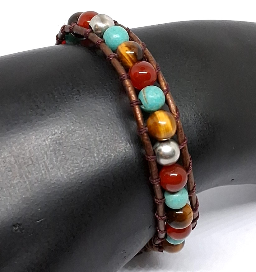 Hand Made Brown Corded Assorted Gemstone Beaded Bracelet Size 6.5 Inch