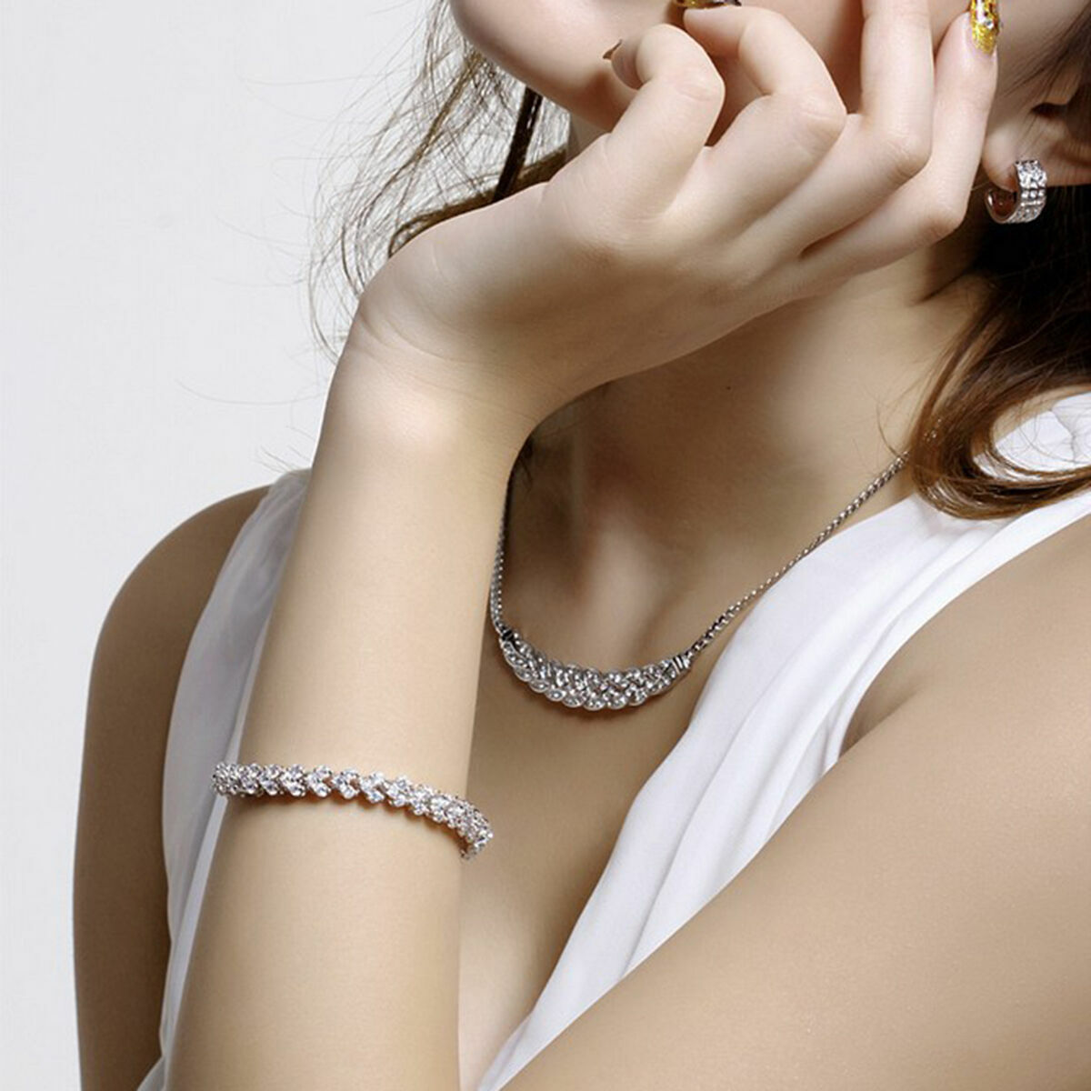 Women Fashion Roman Chain Clear Zircon Crystal Bangle Rhinestone Bracelet Gift