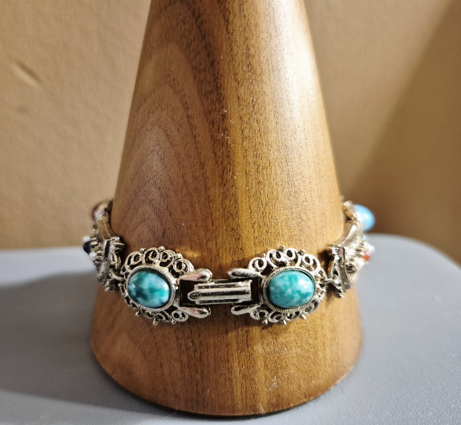 Vintage Signed ART Multi Stone Panel Bracelet Victorian Revival Cabochon 1960s