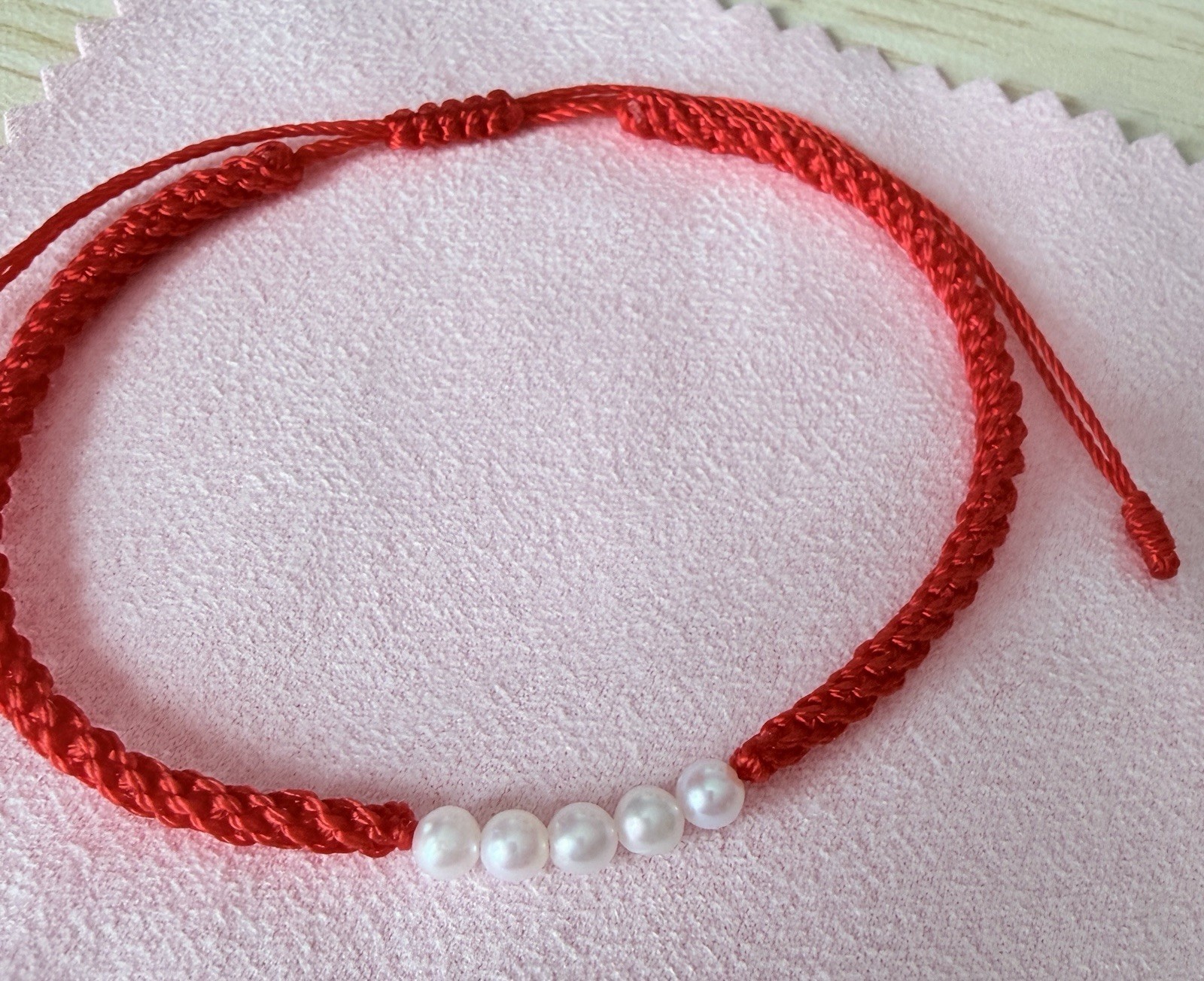 Red Braided Cord Beaded 15 CM Adjustable Slide Bracelet Natural Pearls Handmade