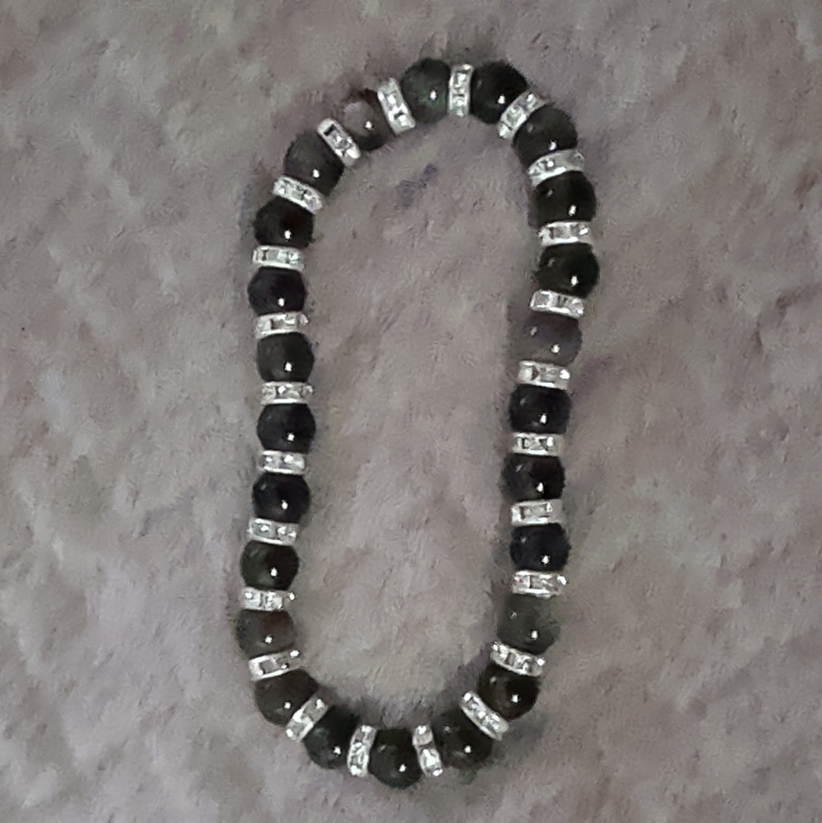 Silver Obsidian Stone Beaded Stretch Bracelet w/ Silver Rhinestone Spacers