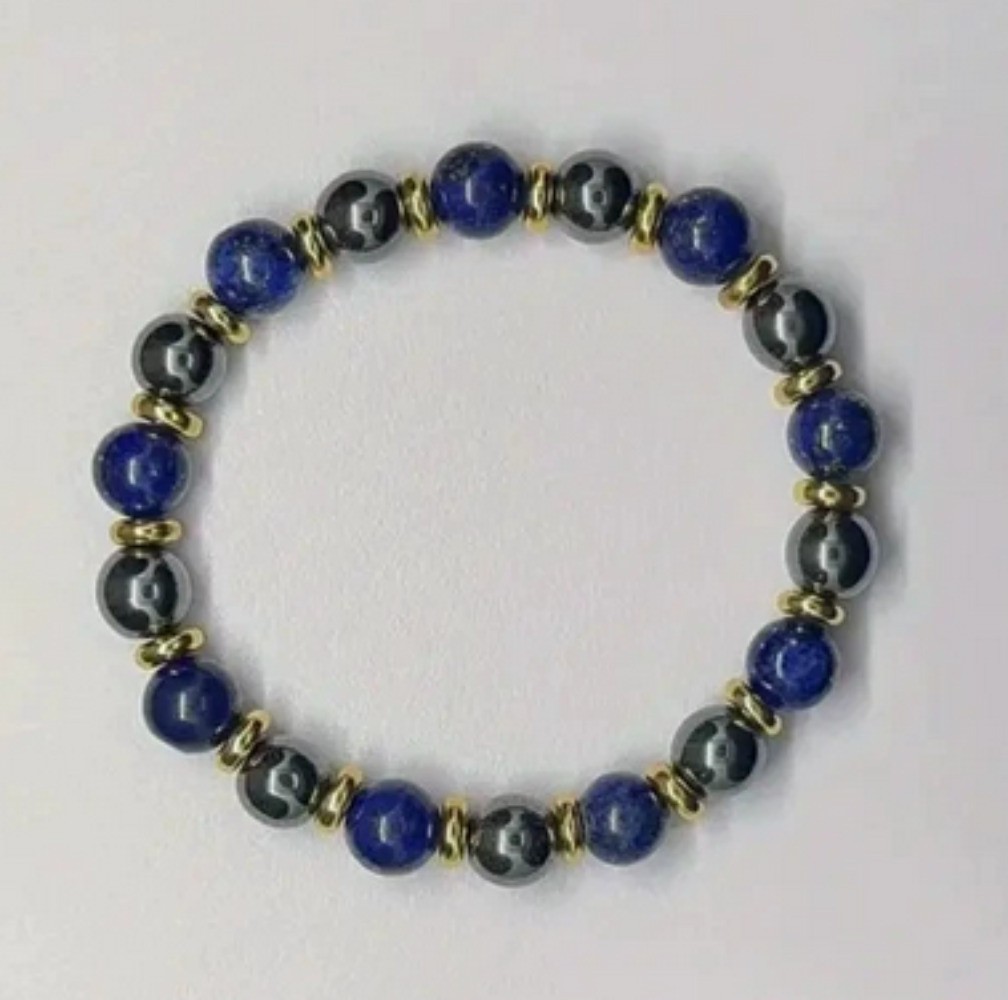 Natural 8mm Black Hematite Lapis Lazuli Gems Round Beads Reiki Bracelet 7.5in