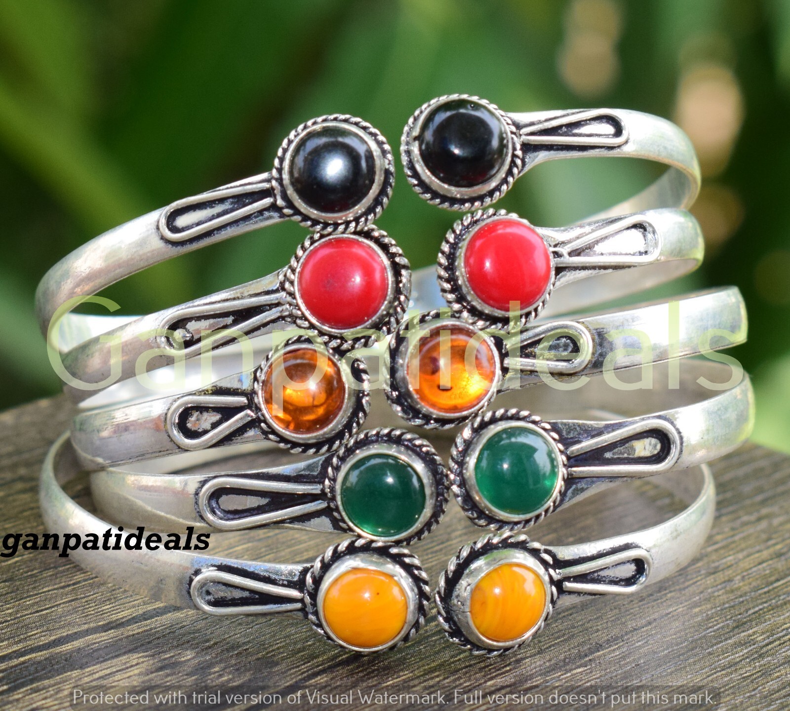 Black Onyx & Multi Gemstone Cuff Bangle 5pc Lot 925 Silver Plated Ethnic Jewelry