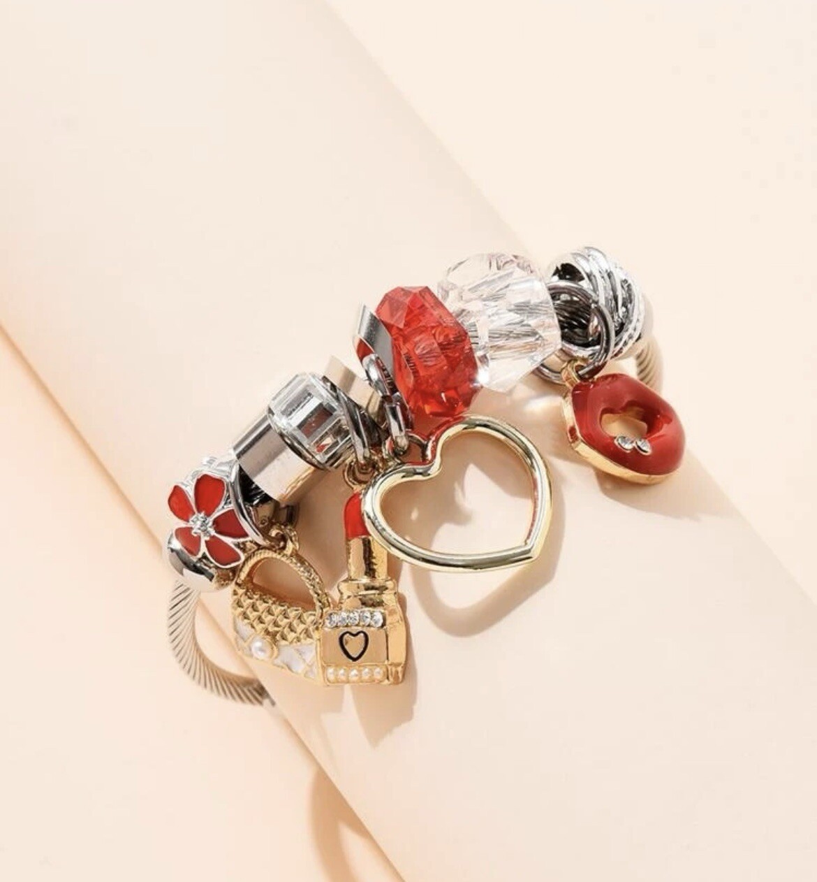 Women Bracelet Silver Stainless Heart Red Lip Charms Birthday Anniversary Gift