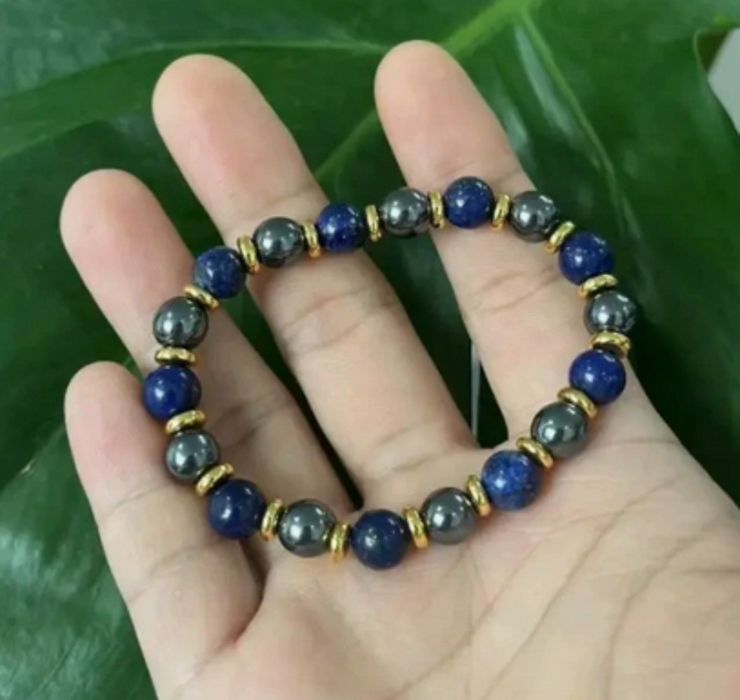 Natural 8mm Black Hematite Lapis Lazuli Gems Round Beads Reiki Bracelet 7.5in