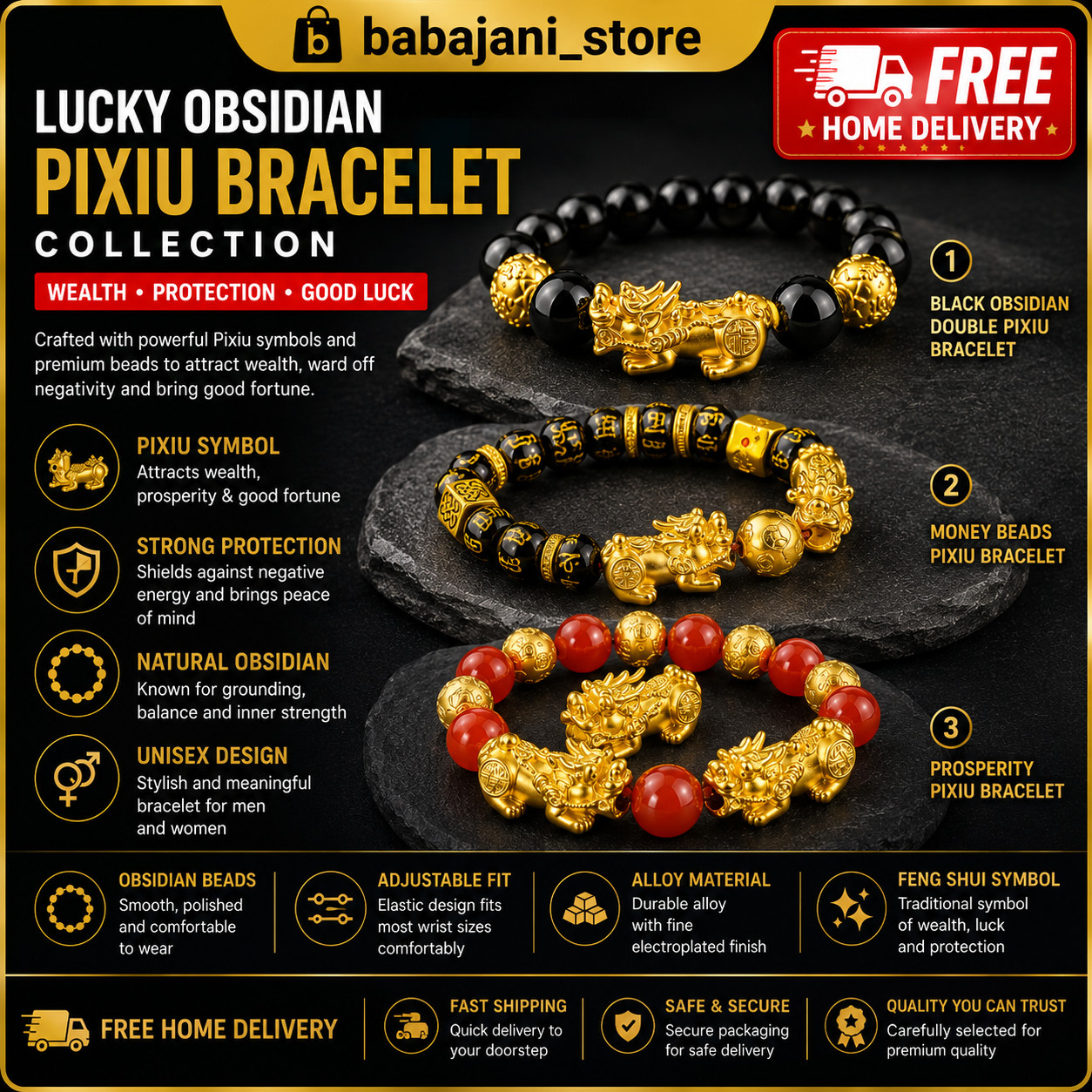 Feng Shui Black Obsidian Beads Bracelet Attract Wealth & Good Luck Bangle pixiu