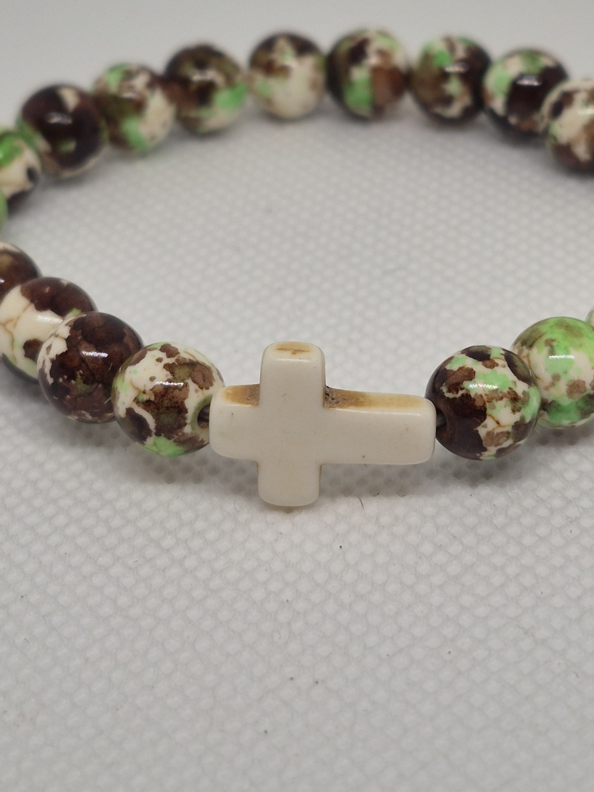 Lot of 3 Multicolor Stone Beaded Stretch Bracelets w/ Cross Charm