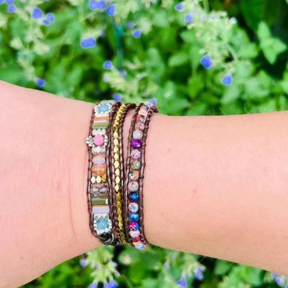 3 Strands Natural Jasper Stone Beaded Leather Wrap Bracelet for Peace Handmade