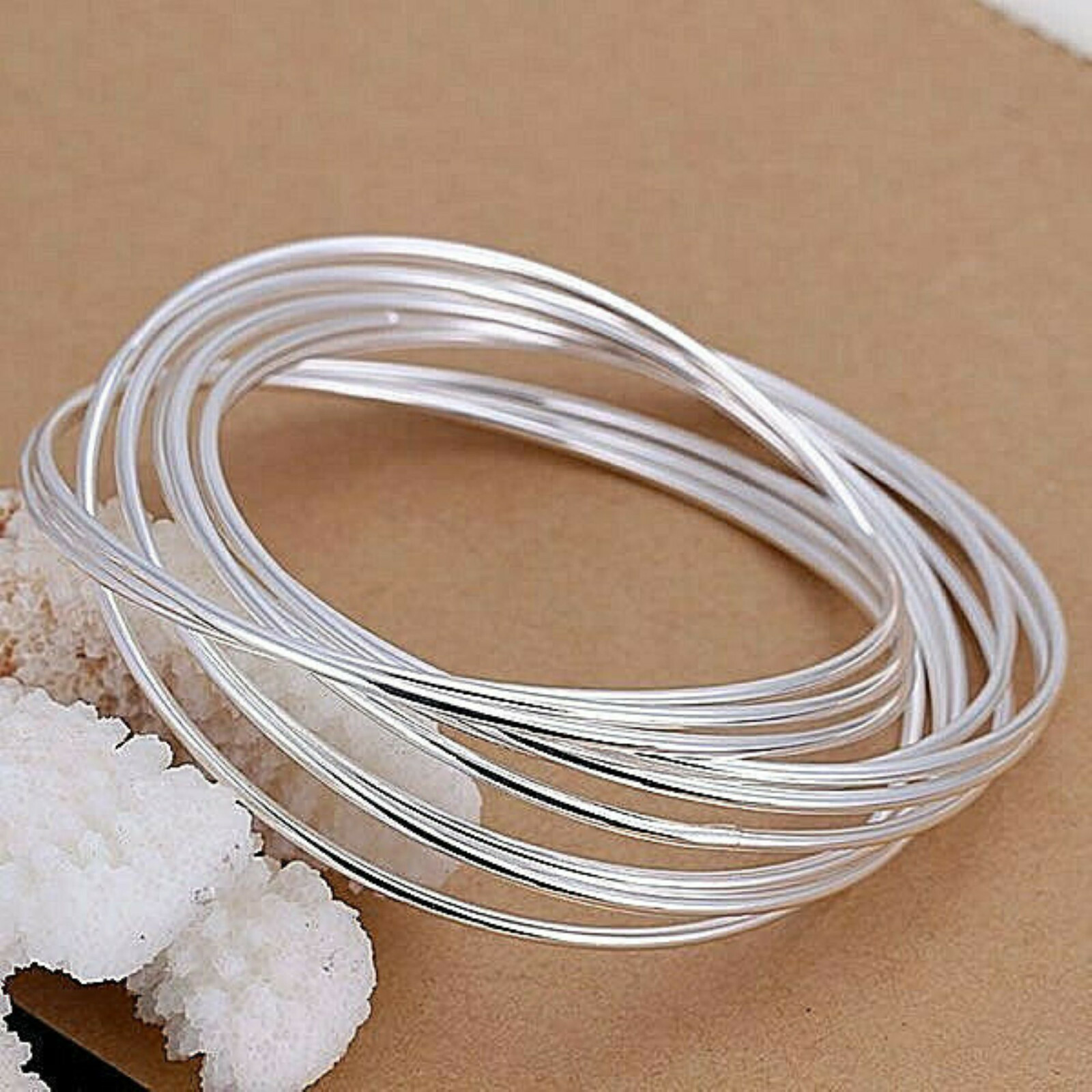 Women’s Large Wrist Classic Ten Ring Bangle Bracelet Sterling Silver