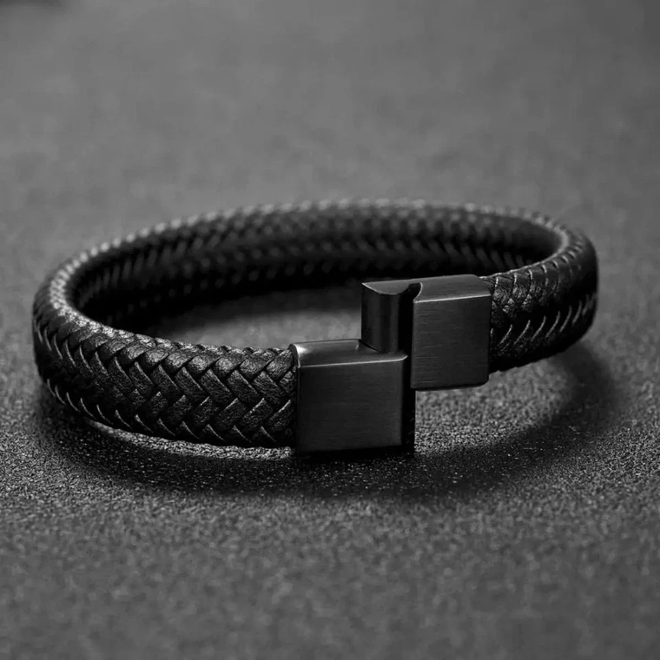 Black Bracelet Men’s Braided Leather Bangle Stainless Steel Cuff Wristband USA