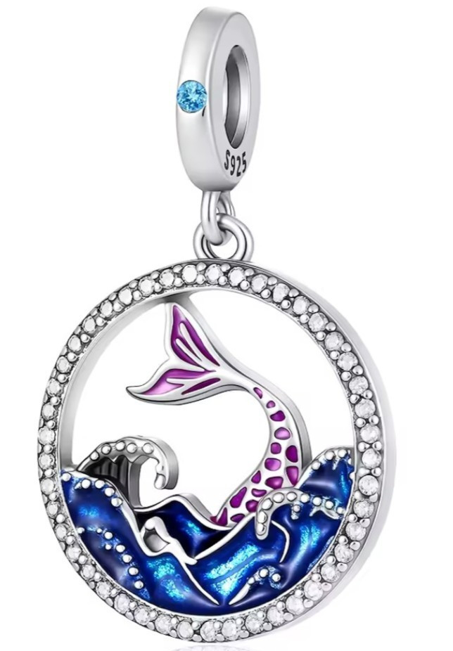 925 Sterling Silver Signed Mermaid Dangle Charm, Blue/Purple Enamel CZ Round