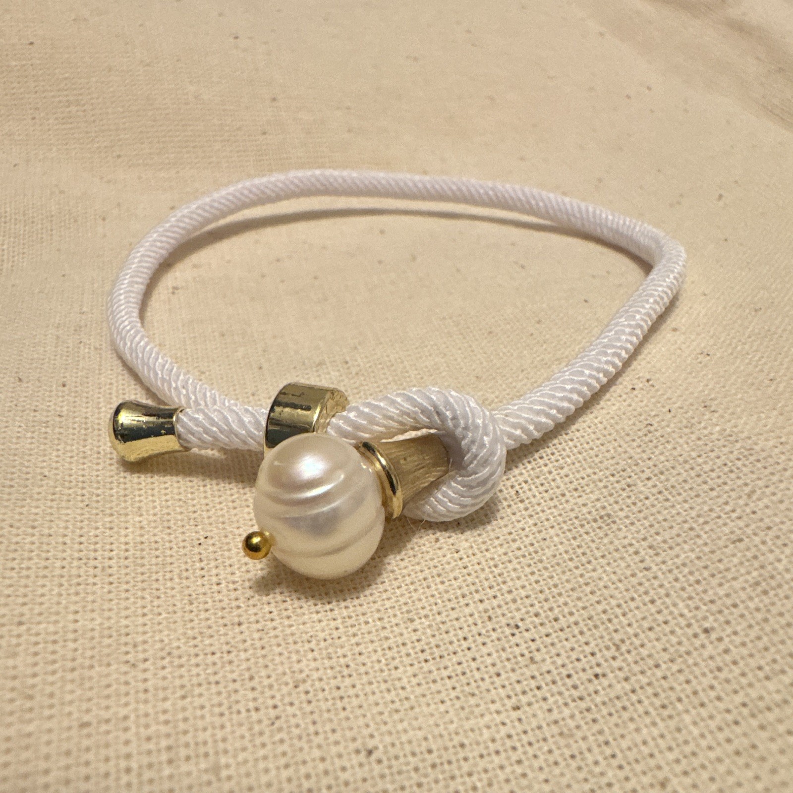 White Cord Charm Bracelet with Gold-Tone Dangle Real Freshwater Pearl Charm