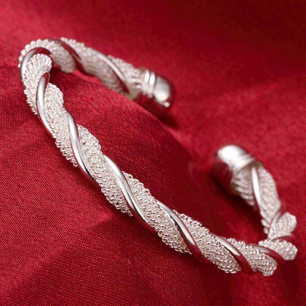 925 Sterling Silver Cuff Bangle Women Adjustable Round Layered Charm Jewelry
