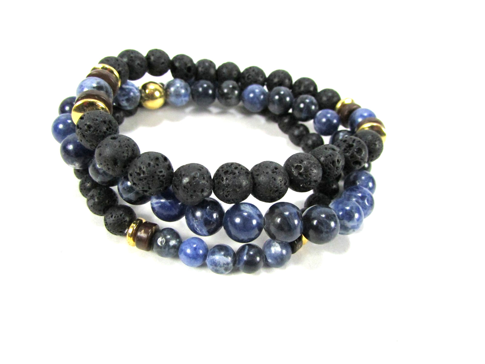 Crucible Men’s Set of 3 Natural Lapis Lazuli Sodalite & Lava Stone Bracelet