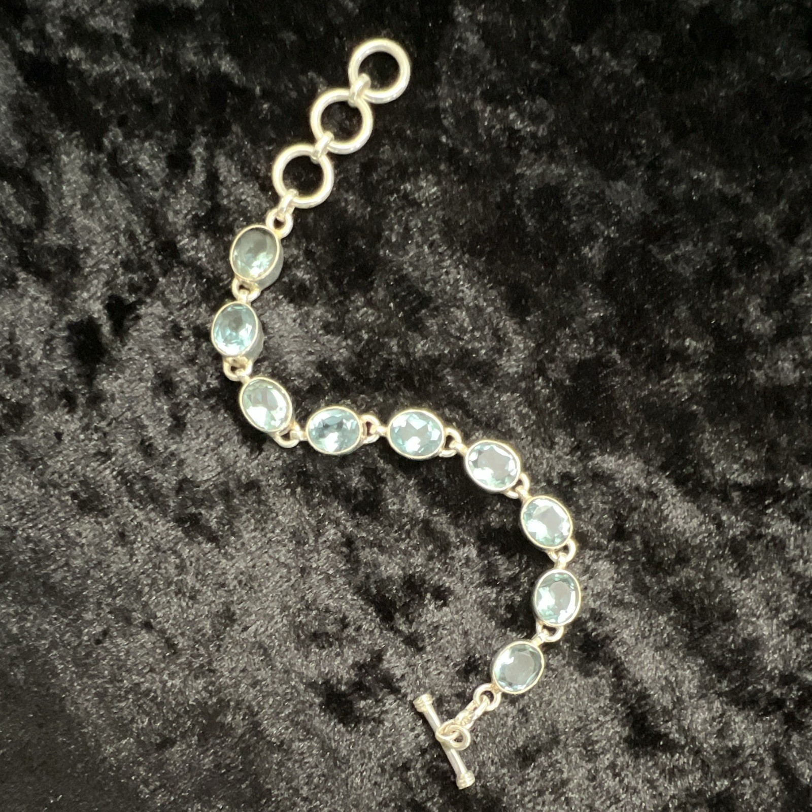 Sterling Silver Tone Tennis Oval Link Bracelet Blue Oval Topaz Toggle Adjustable
