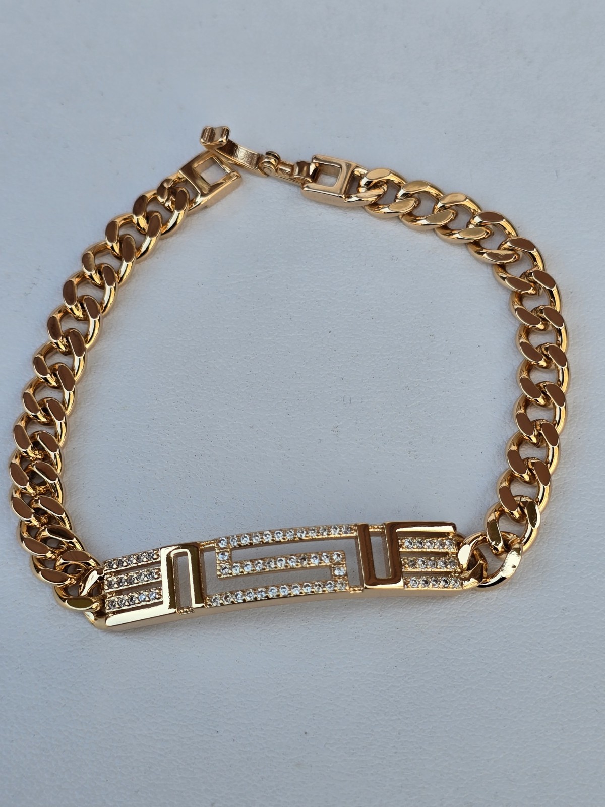 18ct Rose Gold Plated Bar Bracelet Greek Key Cubic Zirconia Adjustable 17+2cm
