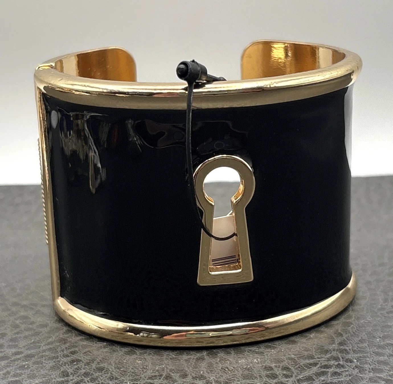 Chicos Black Enamel Gold Tone Cuff Bracelet Keyhole Key Hole Lock Wide Statement