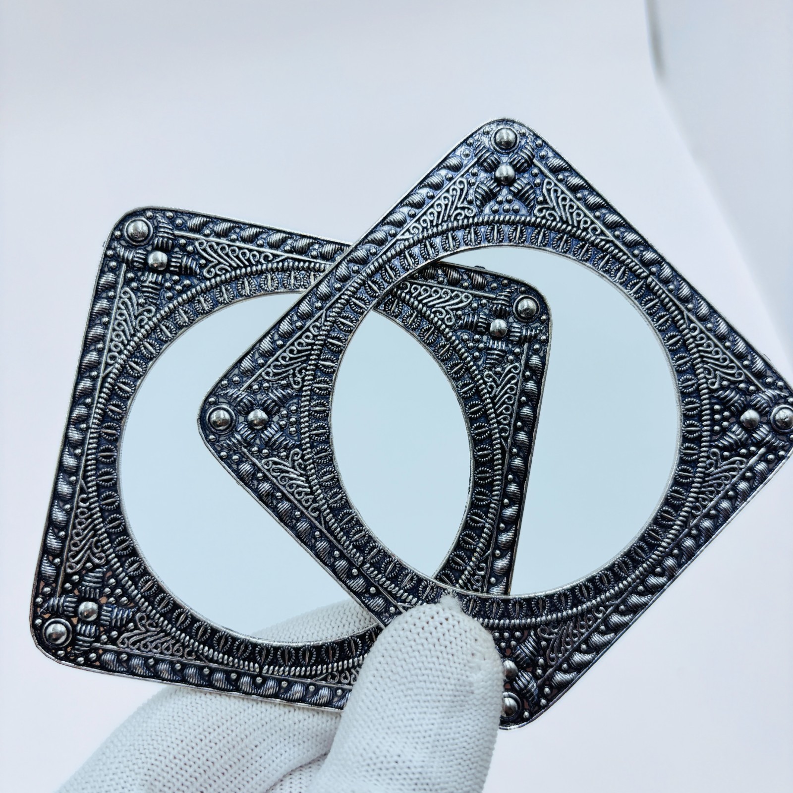 Oxidized Silver Tone Square Kada Bangles Set, Engraved Ethnic Bracelet Pair