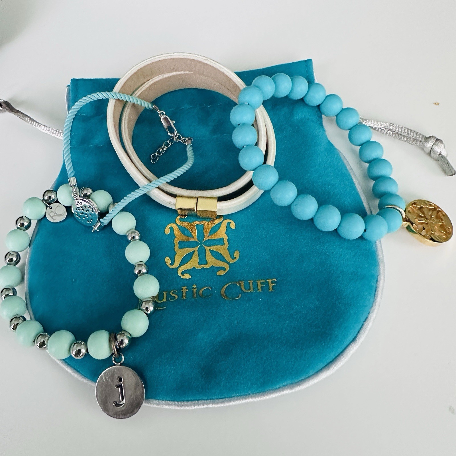 Rustic Cuff Bracelet Stack Coastal Ocean Blue Mint White Beaded Cuff Logo