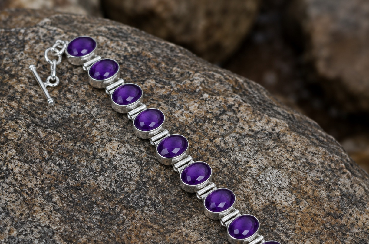 925 Sterling Silver Natural Amethyst Oval Link Bracelet Purple Gemstone