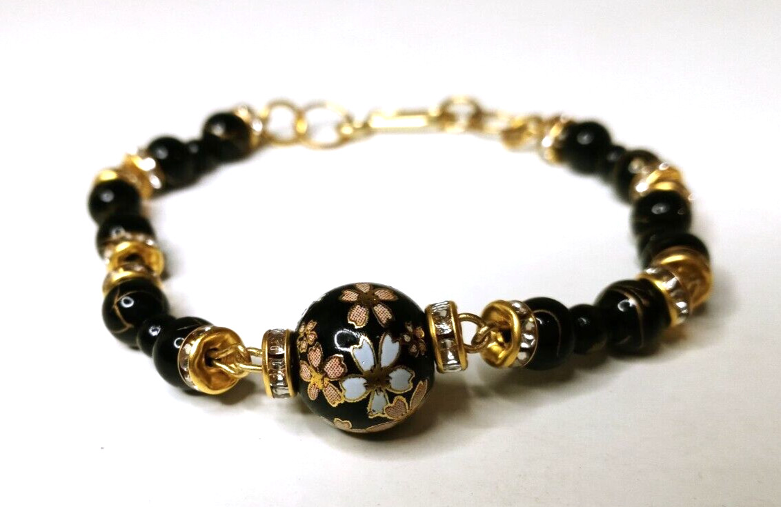 NEW FLORAL BRACELET BLACK GOLD TONE BEADS WHITE COLORLESS RHINESTONES HOOK