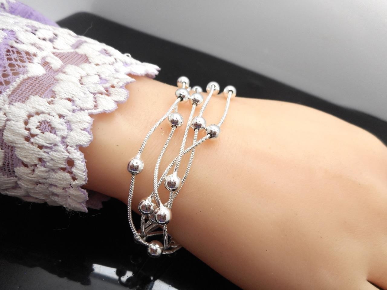 Sterling Silver Bracelet Women’s Layered Beaded Stamped 925