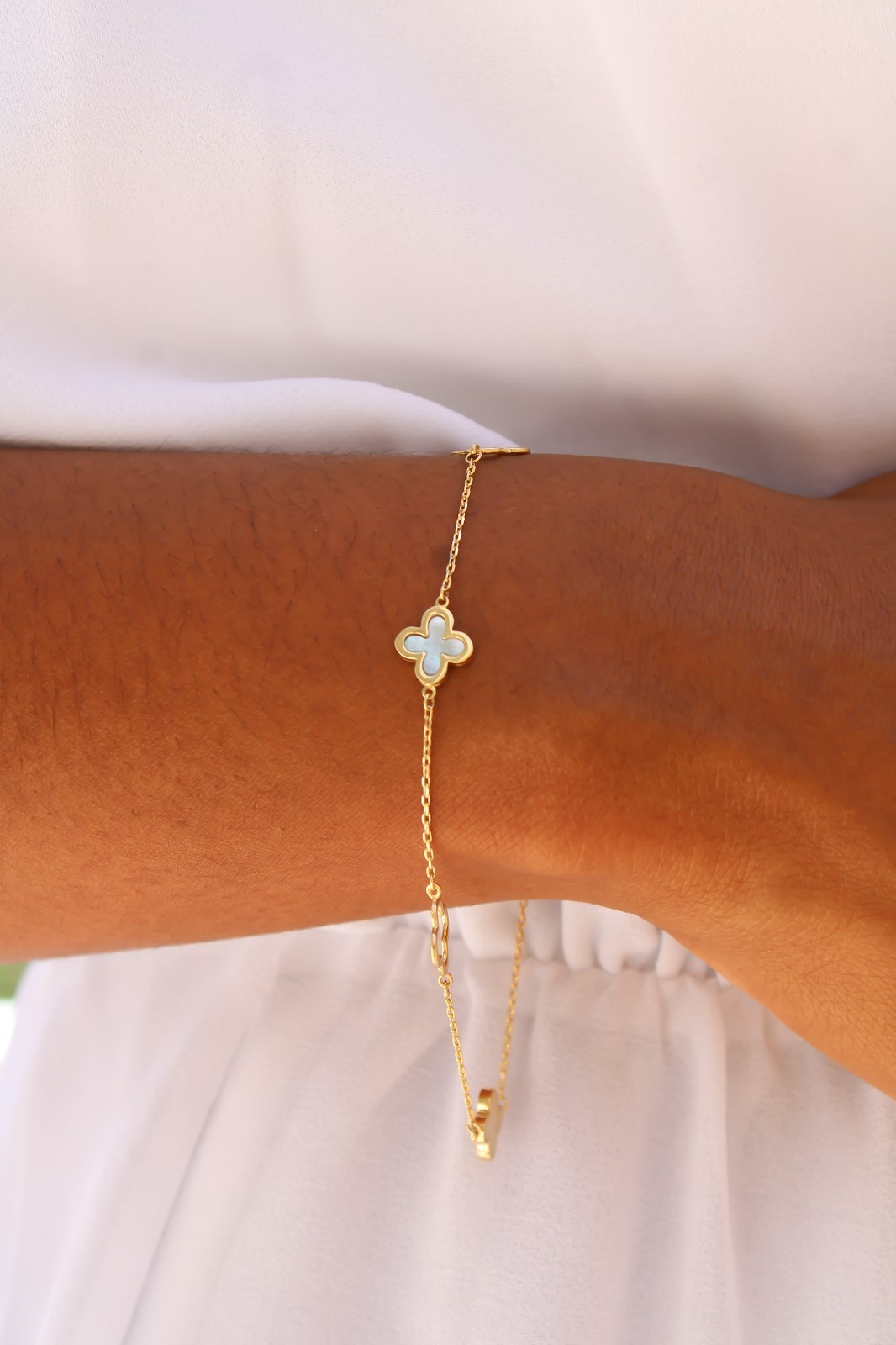 14k Solid Gold Dainty Clover Bracelet, Flower, Adjustable from 7″ to 7.5″ – 1mm