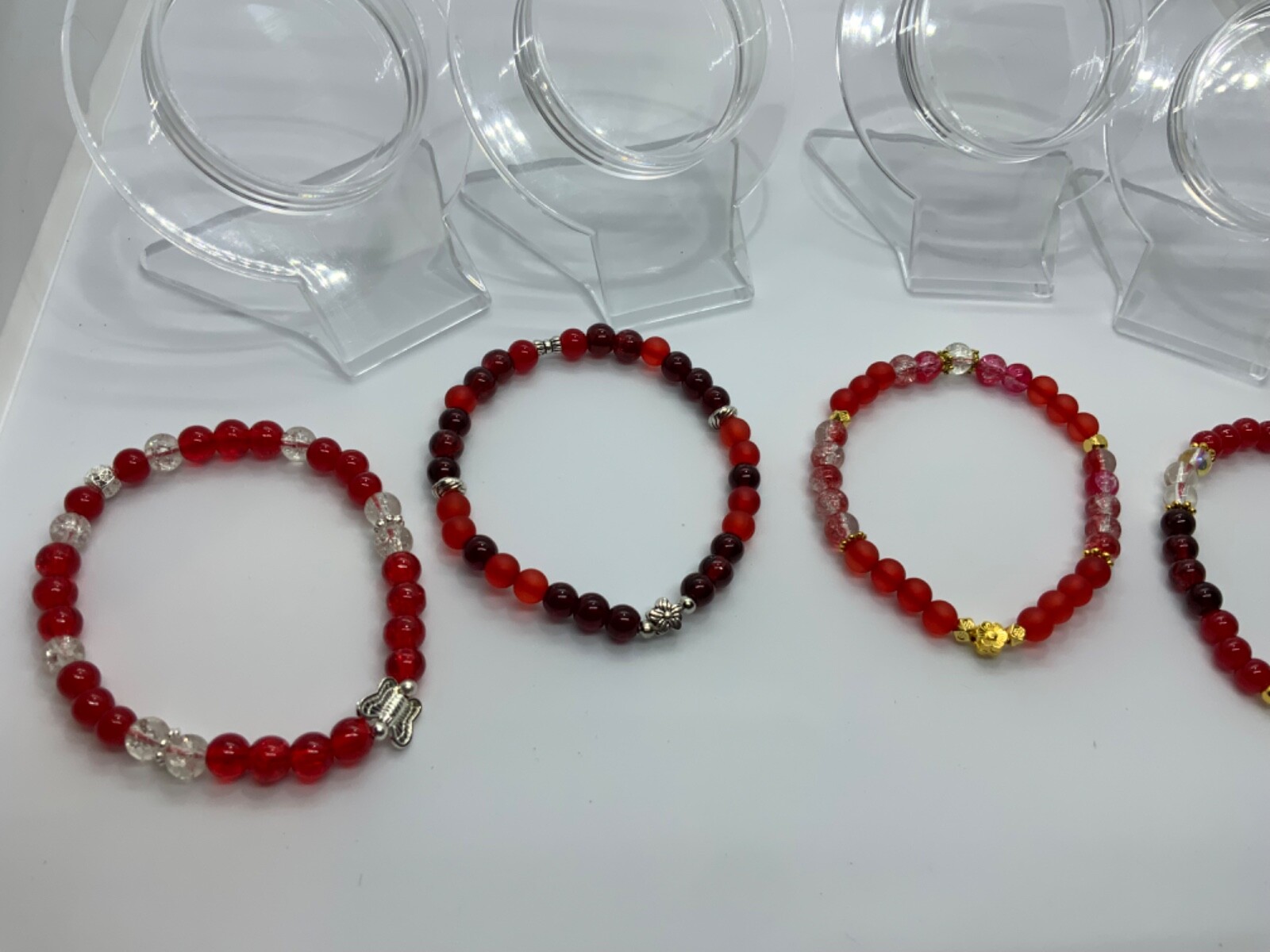 Lot of 4 Red Glass 6mm Beaded Bracelets Jewelry Holiday Birthday Anniversary