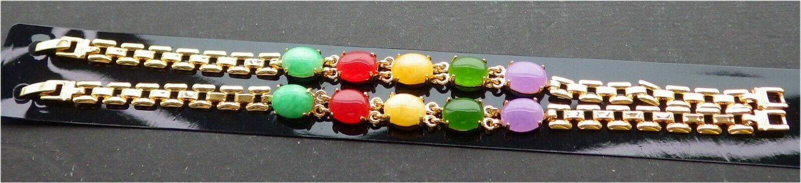 Gold Plate Lavender Red Green Yellow JADE Cabochon Beads Bangle Bracelet 101006