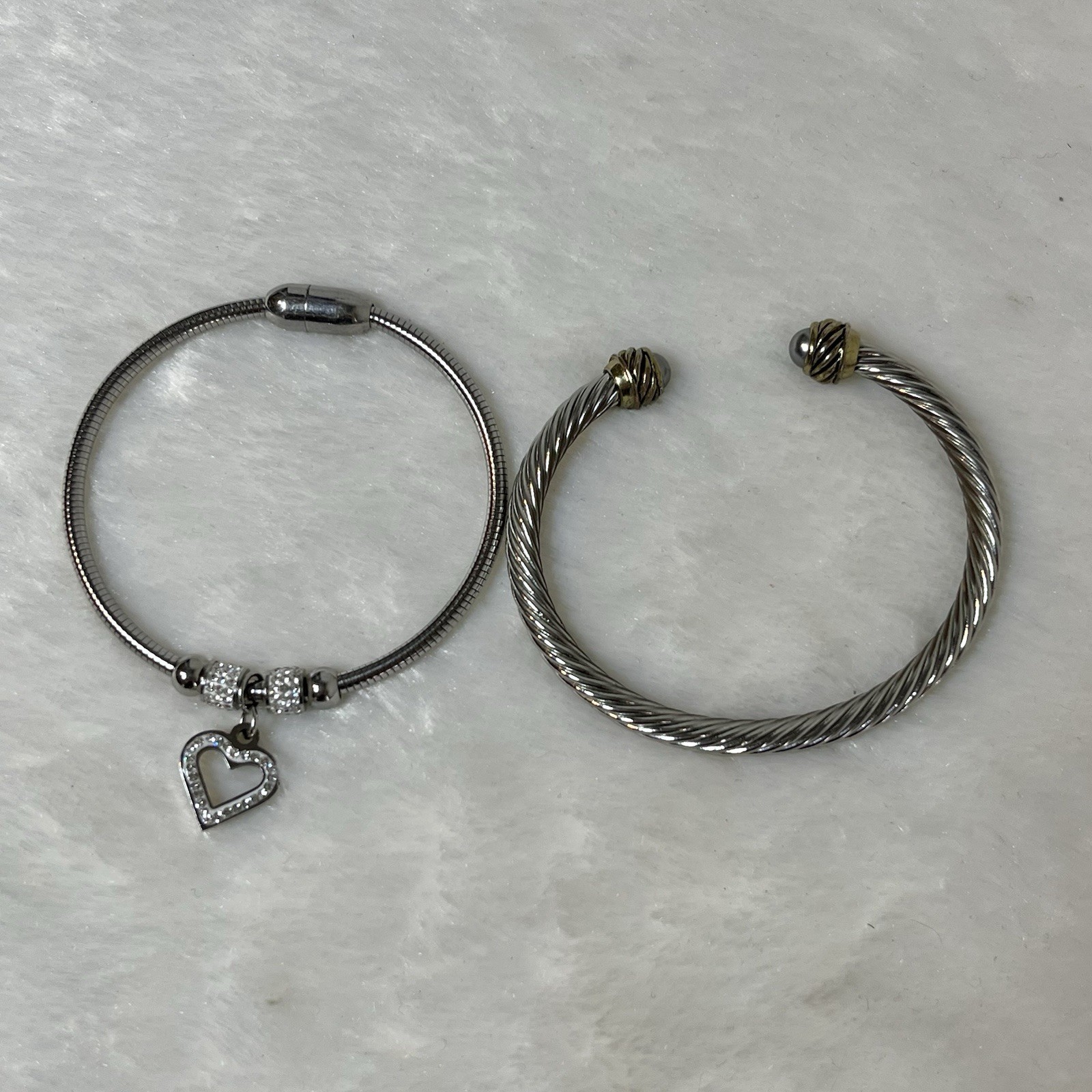 Silver Tone Bracelets Lot Snake Chain Charm Heart + Twisted Cable Cuff Bangle
