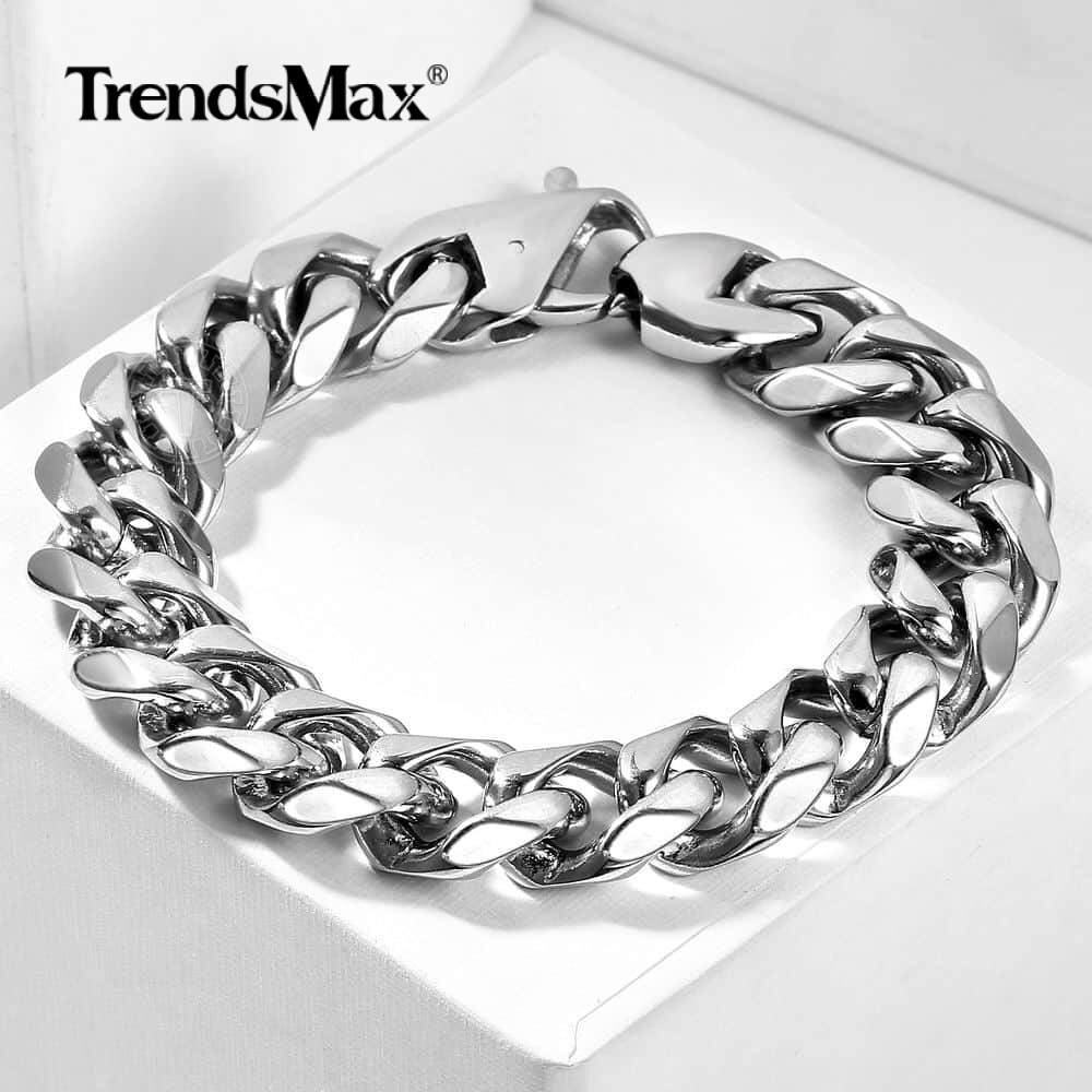 15mm Mens Chain Silver 316L Stainless Steel Cut Cuban Curb Bracelet Xmas 8″-10″