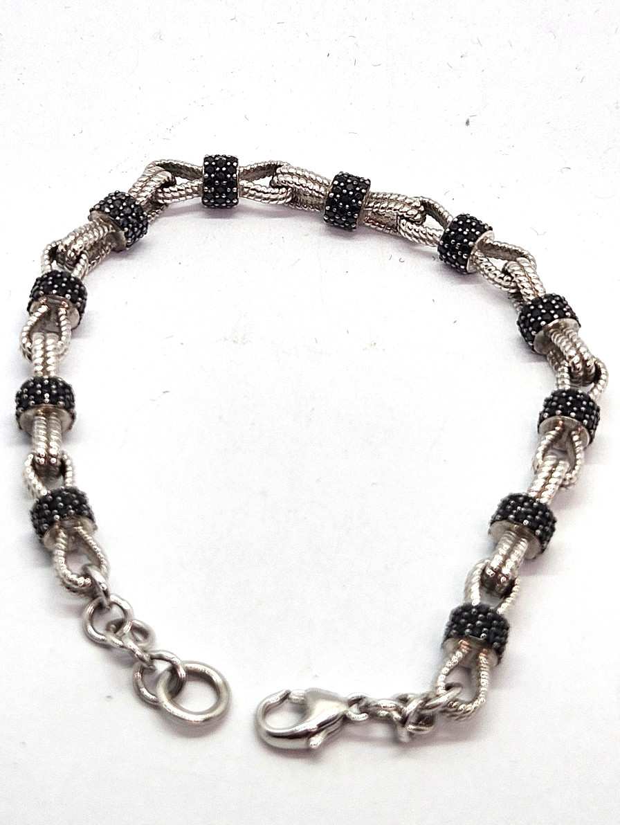 QVC BLACK SPINEL Pave Set & Sterling Silver Bracelet Bow Tie Links 8″ adj.