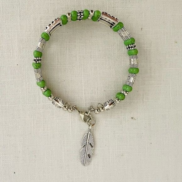 Multilayer Green Beaded Bracelet Bohemian Zinc Alloy w/Feather Charm New