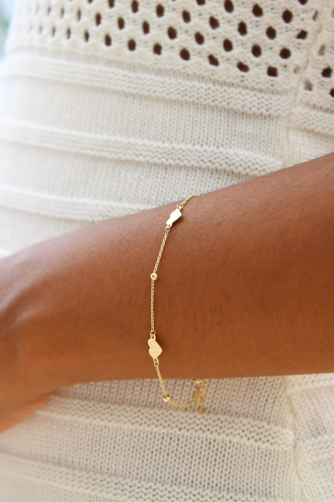 14k Solid Gold Dainty Heart Bracelet Adjustable from 7″ to 7.5″ 1mm Cable Chain