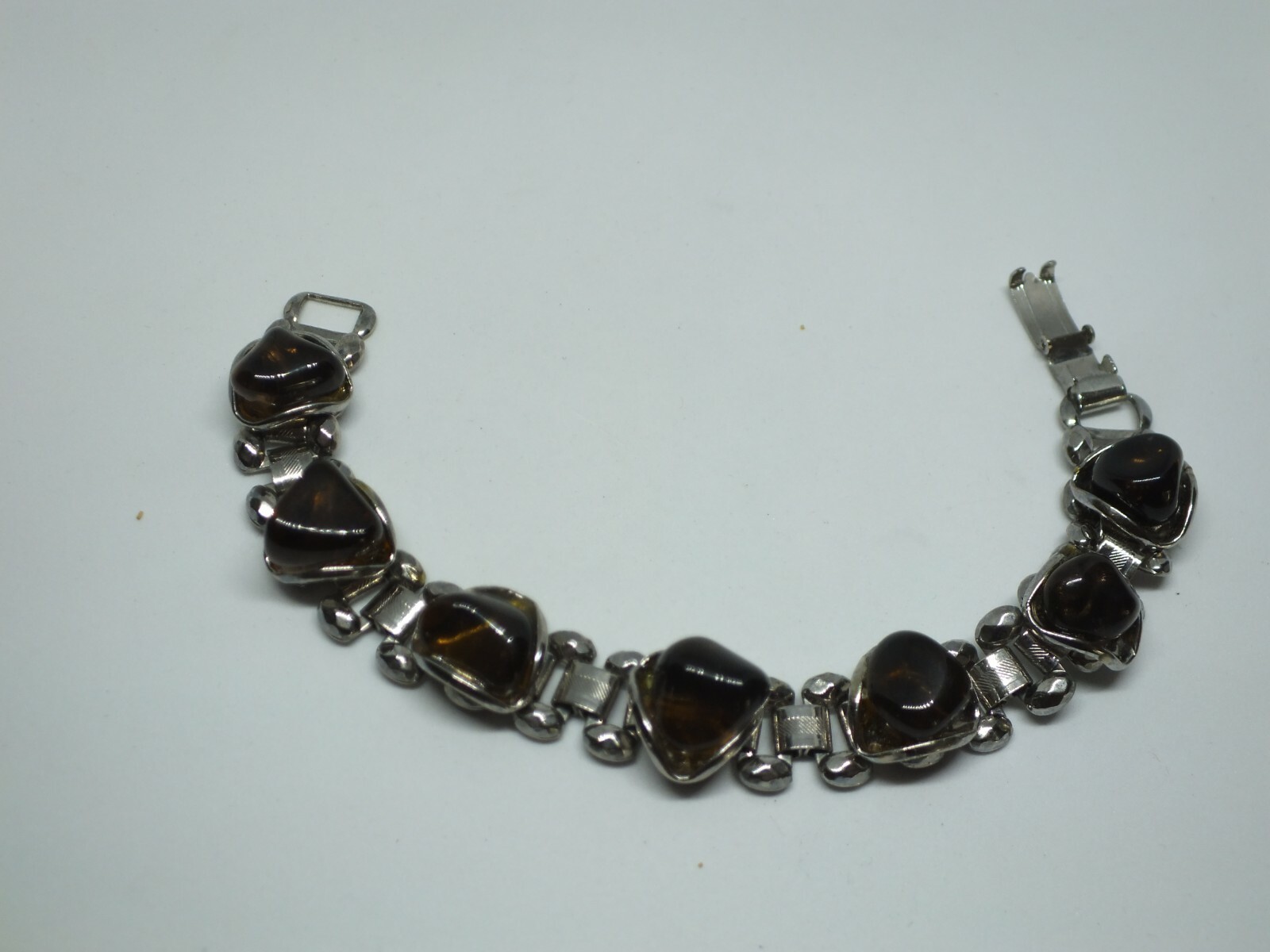 Beautiful Clasp Bracelet Silver Tone Clear Dark Amber Stones 1/2″ W x 7″ Long