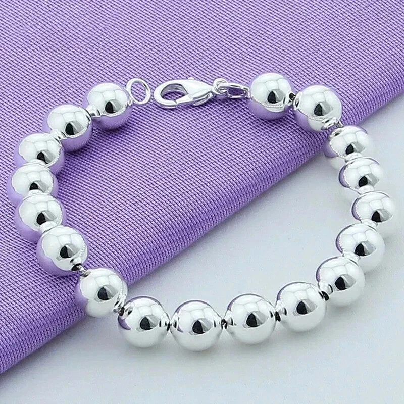 925 Sterling Silver 8mm/10mm Hollow Ball Beads Chain Bracelet Women Jewelry