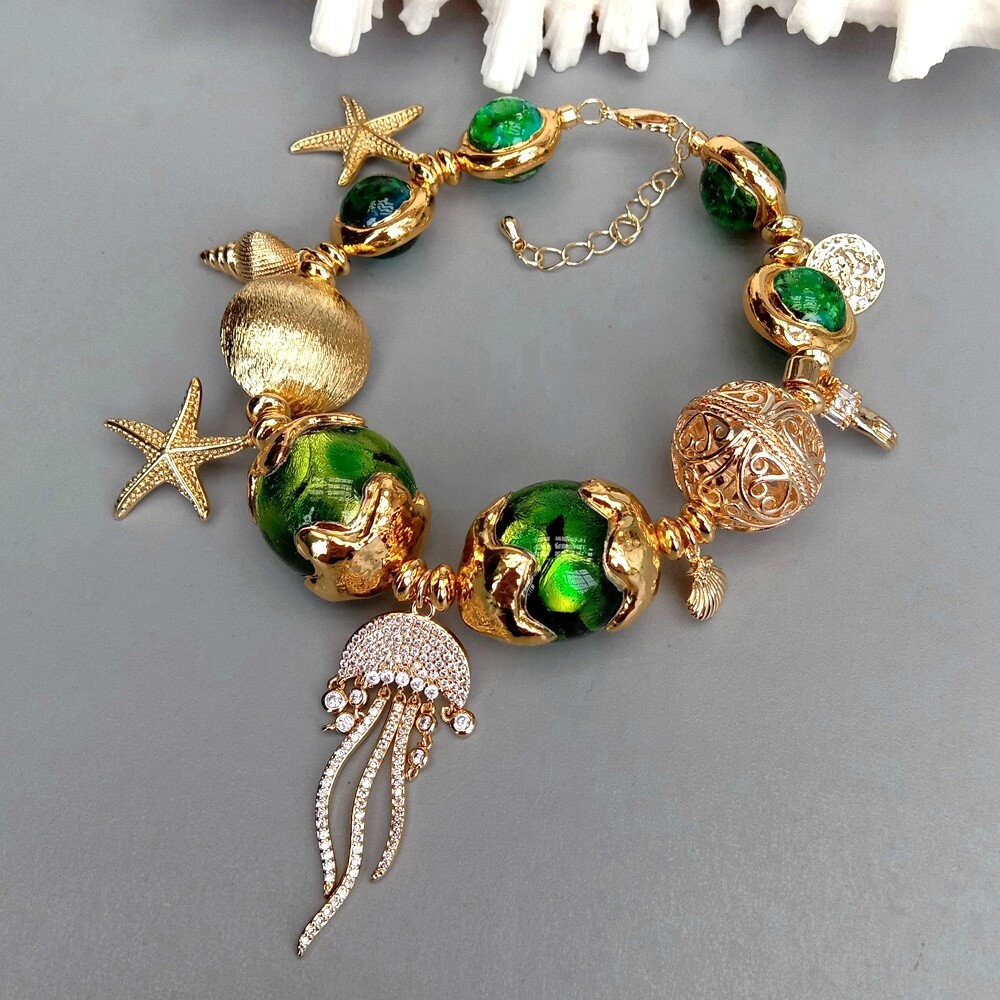 Green Murano Glass White Pearl Gold Plated Charm Beaded Bracelet Handmade