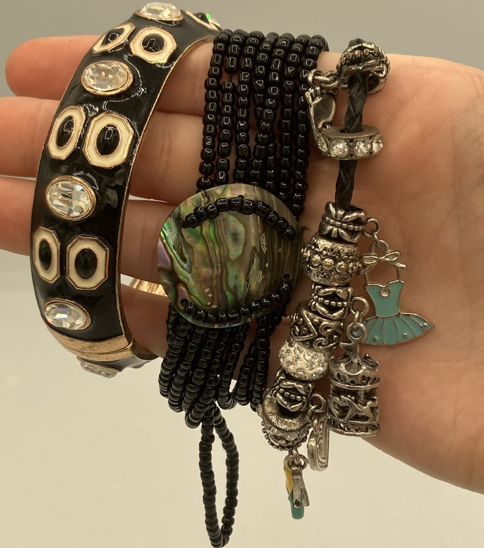 Layered Bracelet Stack Set Black Beaded Abalone Charm Bangle Mixed Style