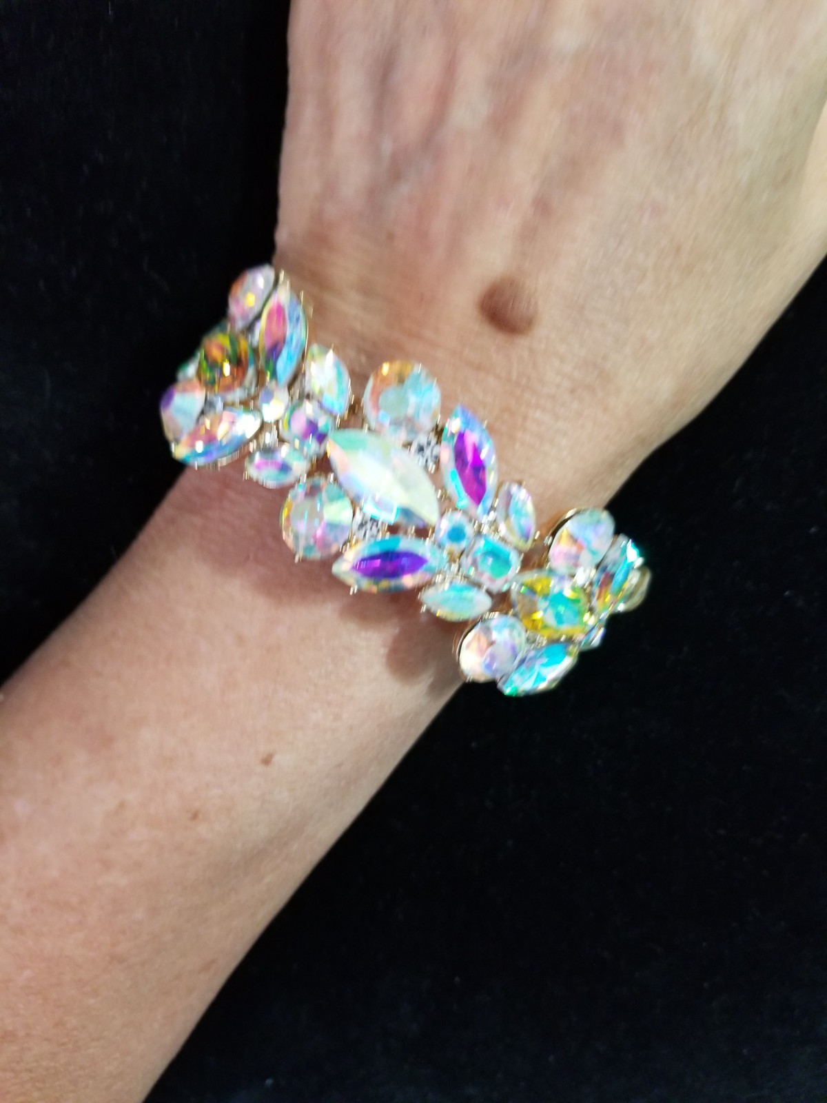 AB Iridescent Gold Rhinestone Stretch Bracelet Crystal Pageant Prom Drag Jewelry