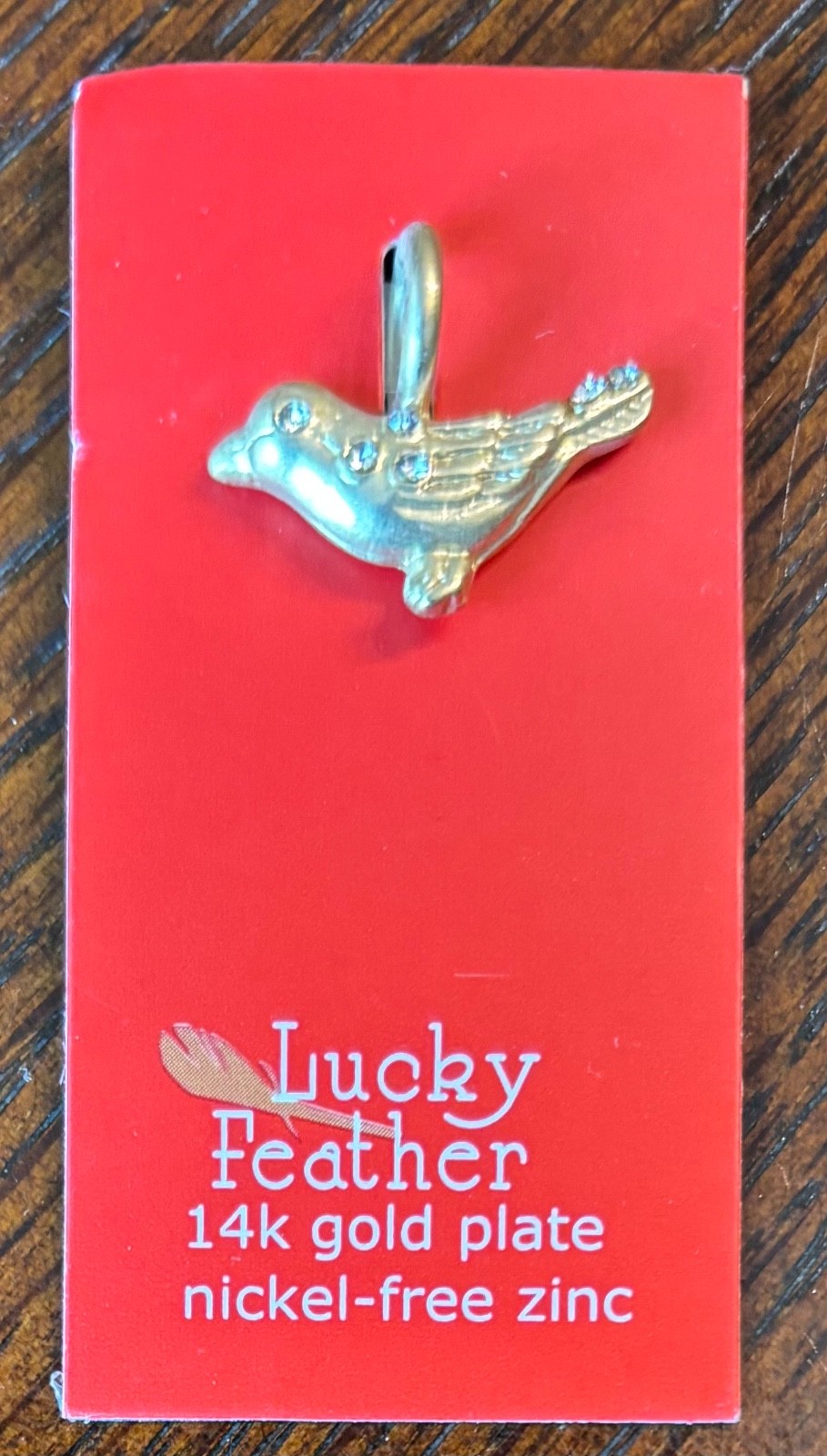 LUCKY FEATHER 14K GOLD PLATE NICKEL-FREE ZINC CHARM NEW ON CARD
