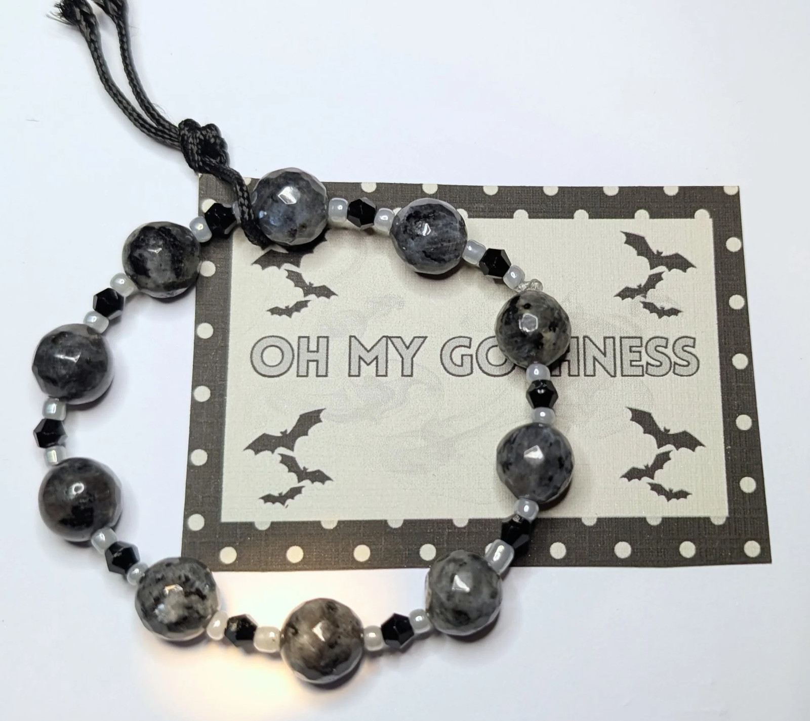 Handmade Beaded BraceletlLarvikitie Stone Black Crystal Grey Glass. Unisex Goth