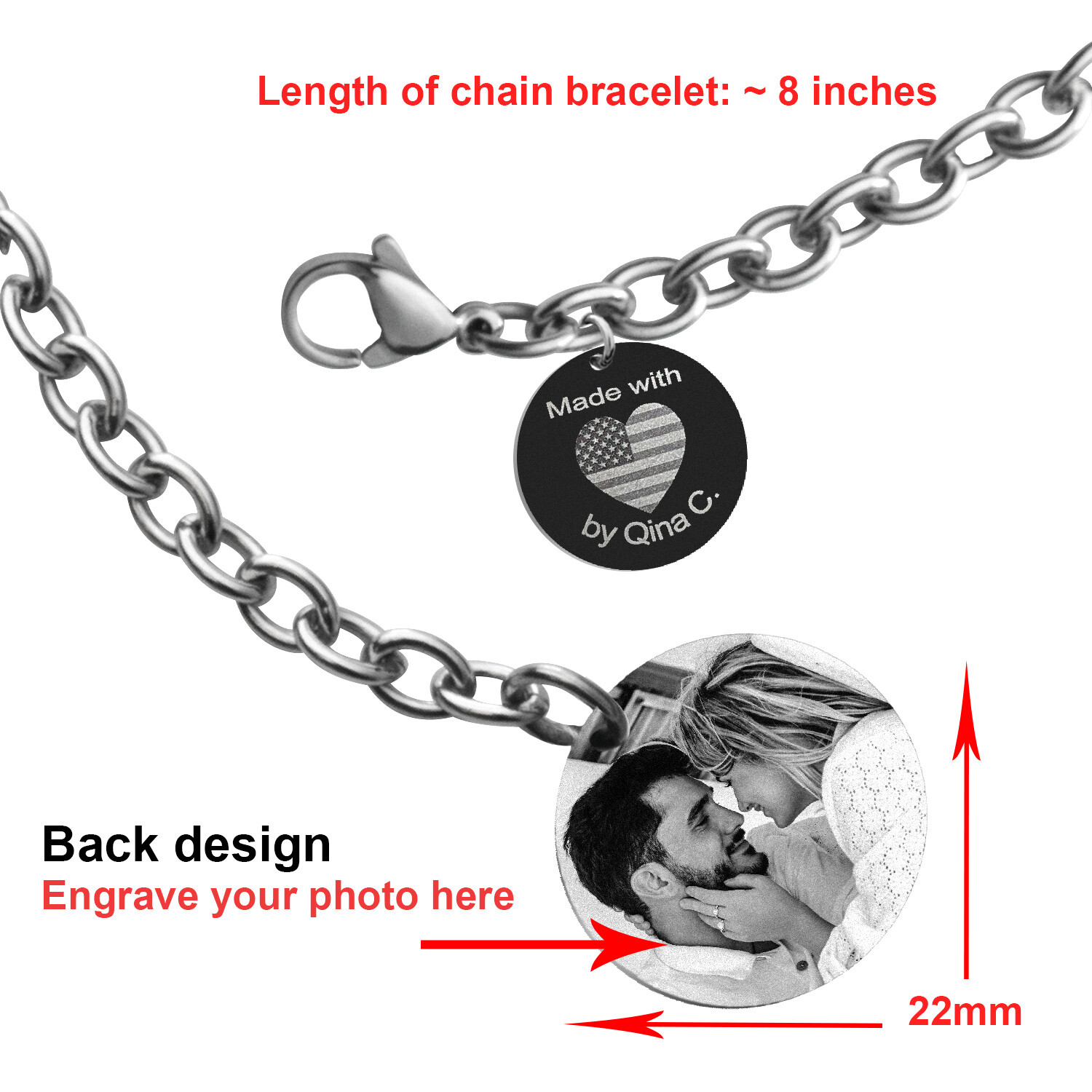 True Love Personalize Engrave Photo or Text Round Tag Adjustable Chain Bracelet